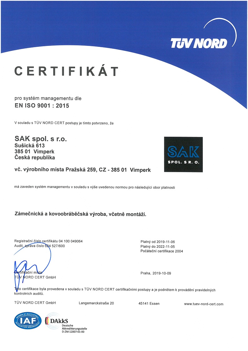 Certifikát EN ISO 9001:2008 CZ jpg